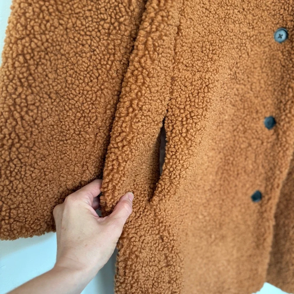 NWT J.Crew Villa Coat Teddy Sherpa Mid Length Adobe Clay Brown sz 8 zip button - Picture 4 of 15